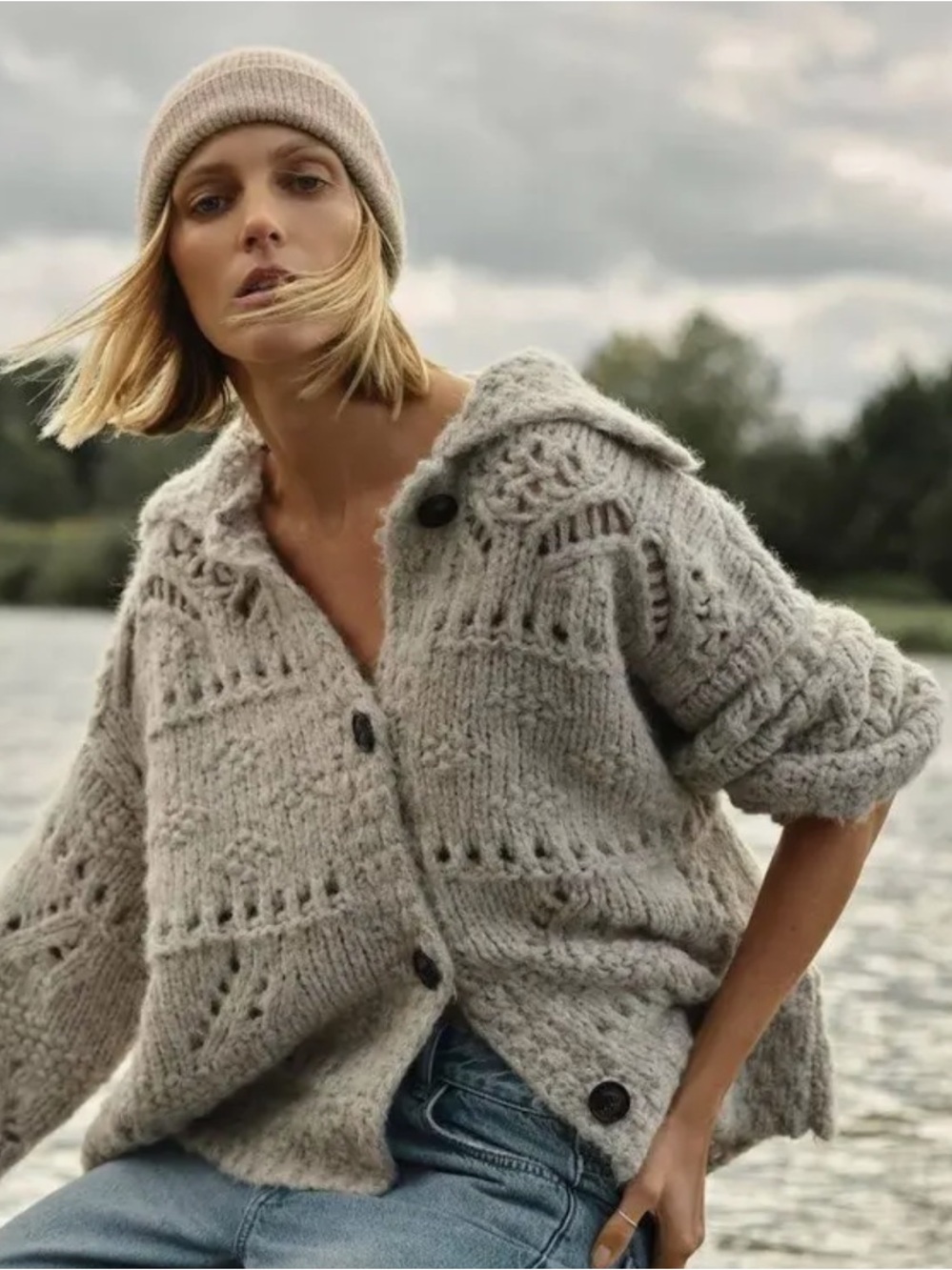 Zara Cream Openwork Knit Button-Front Cardigan
